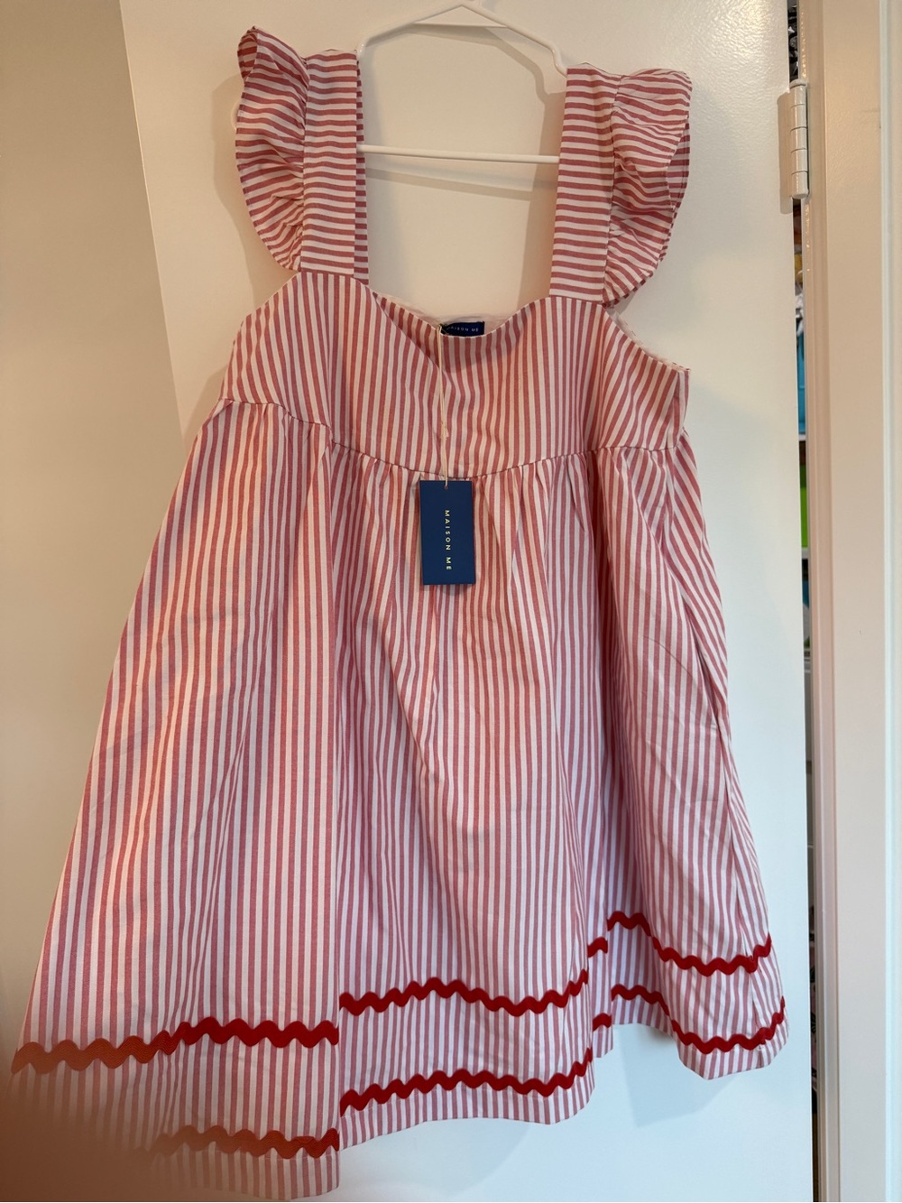 NWT Maison Me Women’s L Red Stripe Ruffle Ric Rac Dress Maisonette